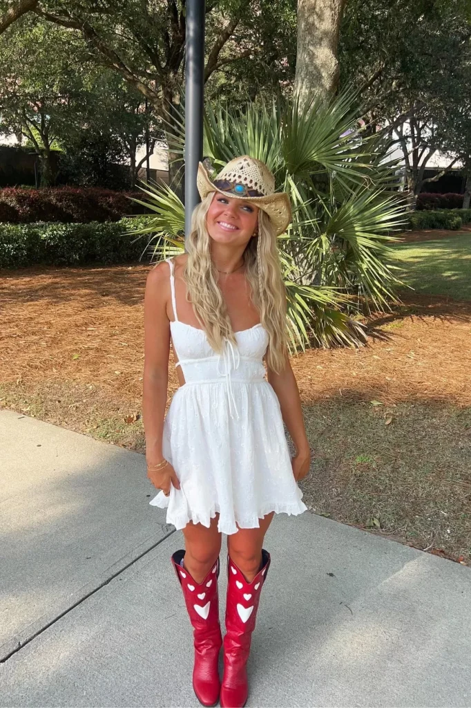 White Dress and Red Boots