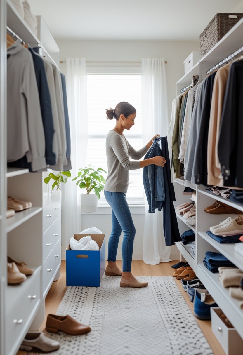 A person organizing clothes in a tidy wardrobe with a donation box nearby in a bright room.