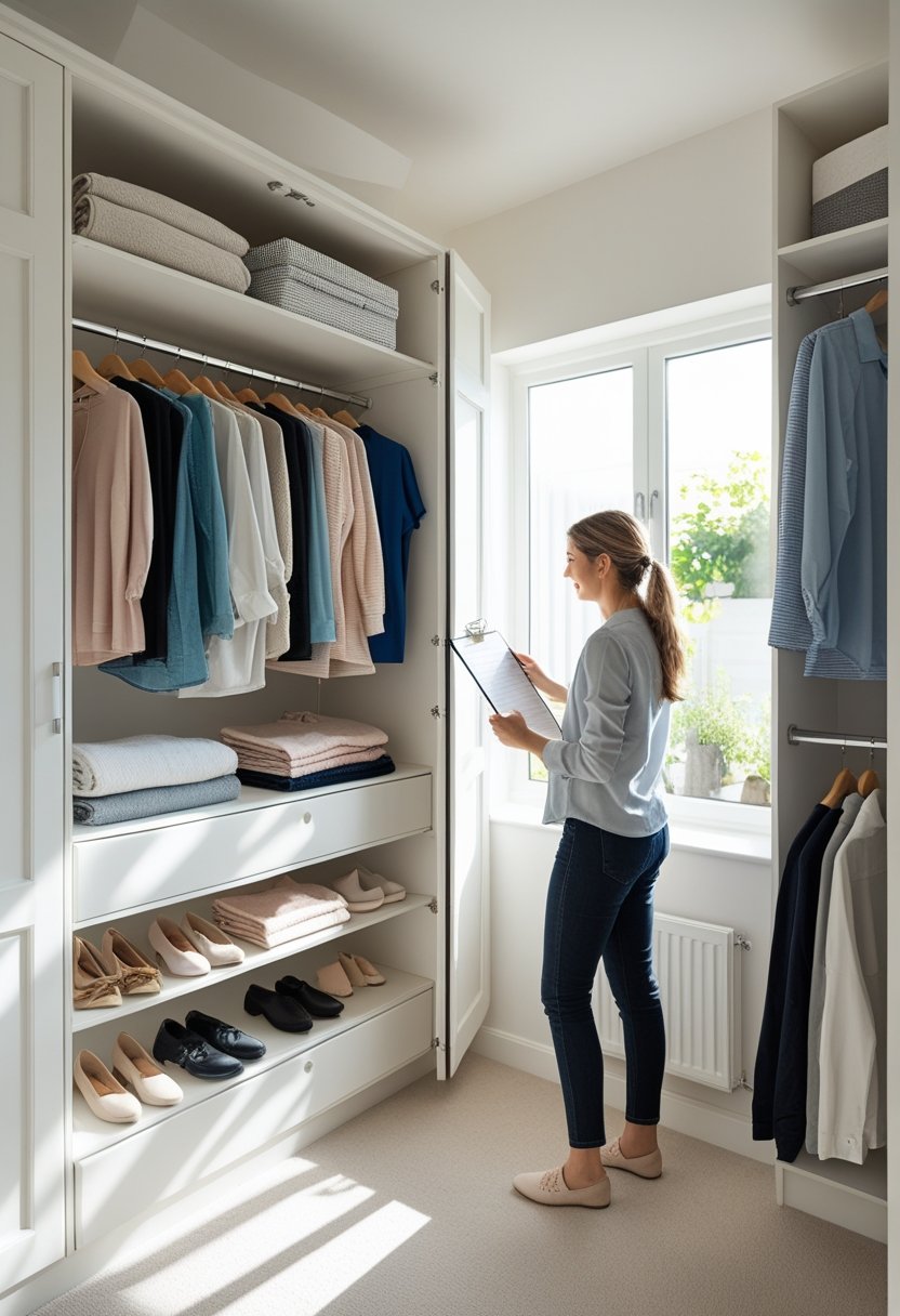 Person organizing clothes in a tidy wardrobe while holding a planner in a bright bedroom.
