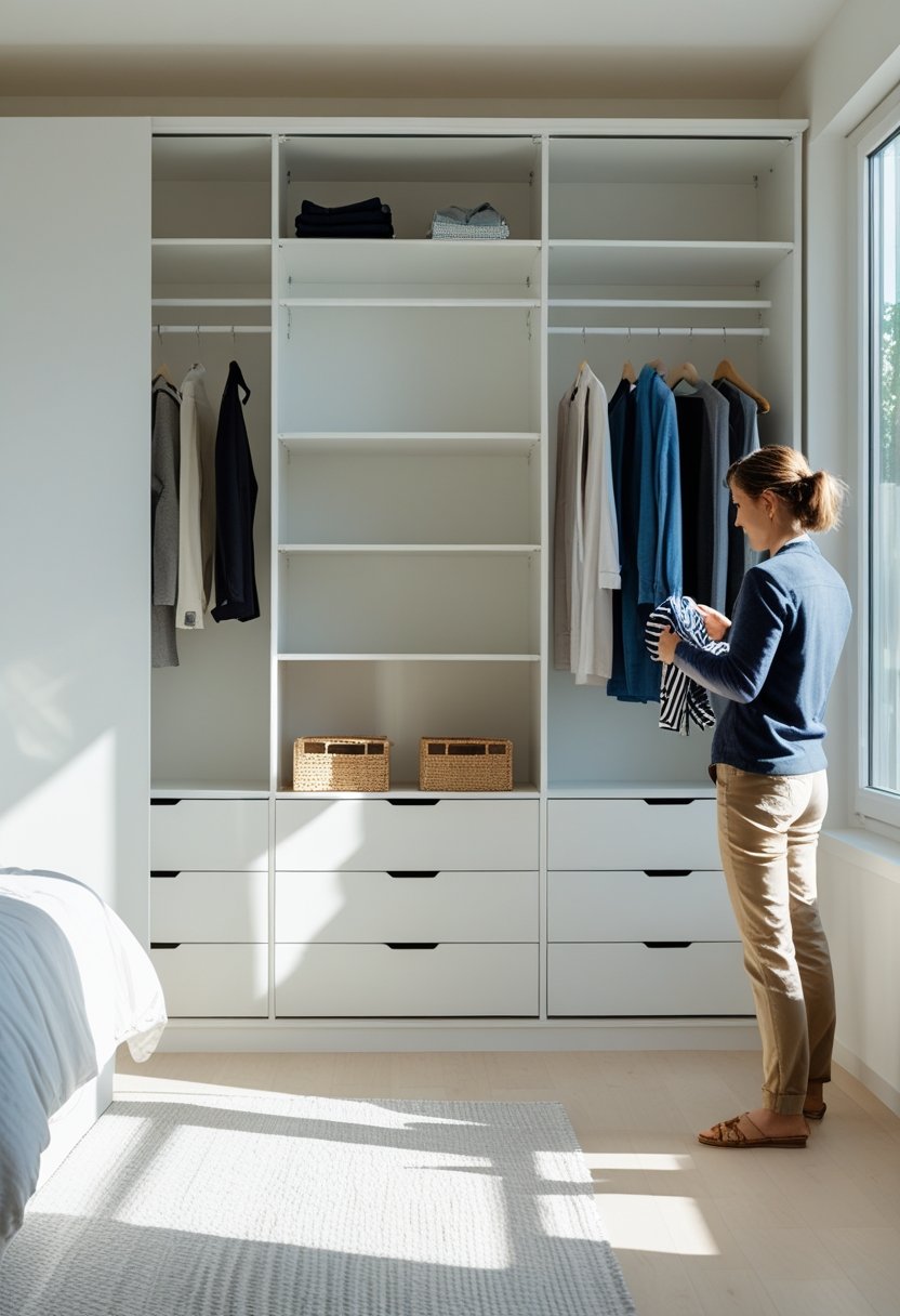 A person standing next to an empty open wardrobe in a bright bedroom, preparing to sort clothes.
