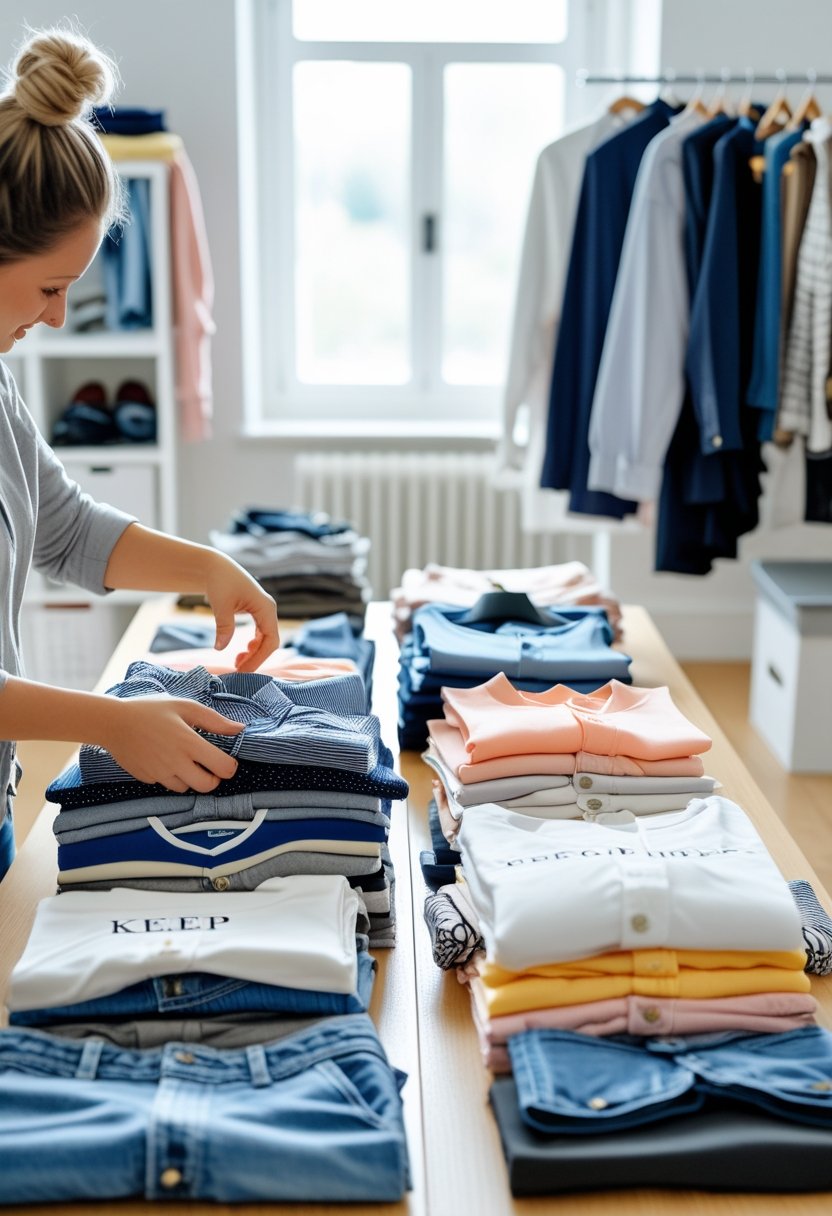 A person sorting clothes into four separate piles on a table in a tidy room with a wardrobe in the background.