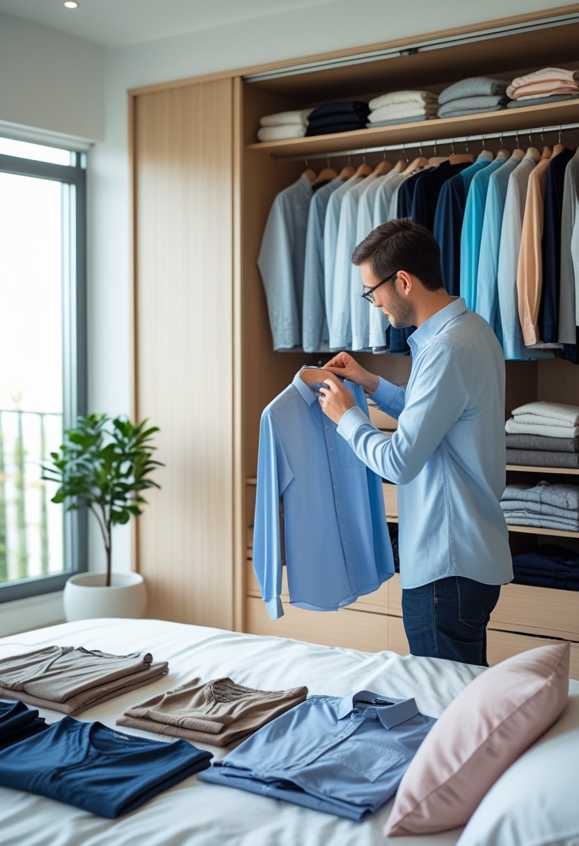 A person examining clothes in an open wardrobe in a tidy bedroom, sorting items for decluttering.