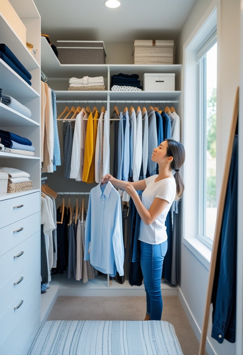 A person sorting clothes in a tidy bedroom closet, deciding which items to keep.