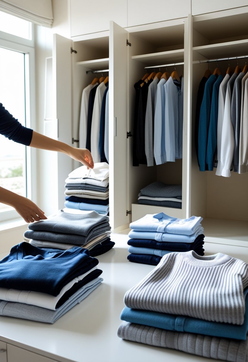 Person sorting and grouping clothes into piles next to an open wardrobe in a tidy bedroom.