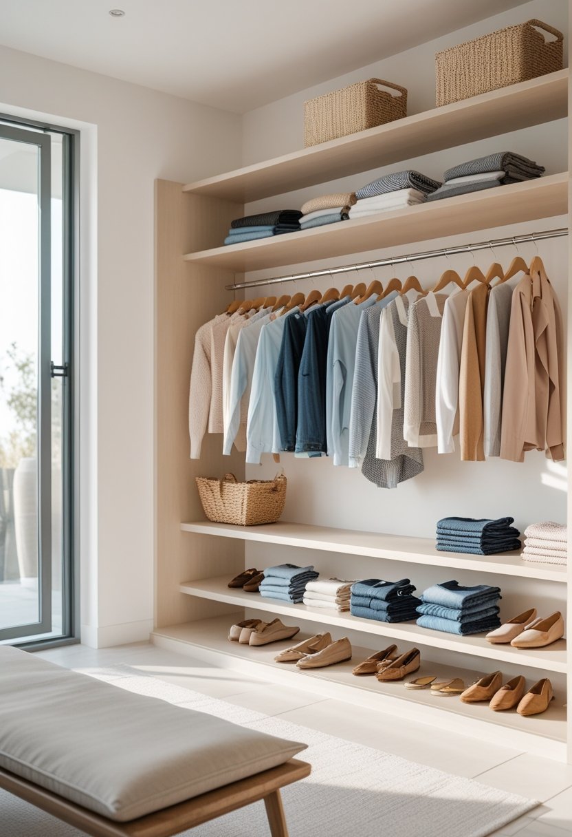 A tidy walk-in wardrobe with neatly organized clothes, shoes, and accessories arranged on shelves and hangers.