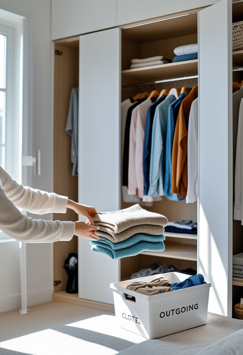 A tidy bedroom closet with clothes neatly arranged and a separate basket for outgoing clothes, with hands placing a sweater into the basket.