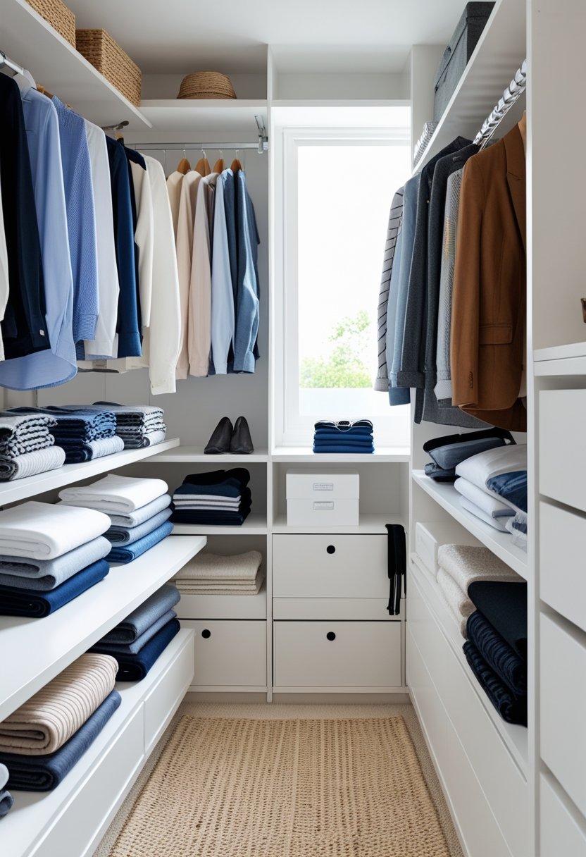An open wardrobe with neatly folded clothes on shelves and clothes hanging on hangers, showing an organized and tidy closet space.