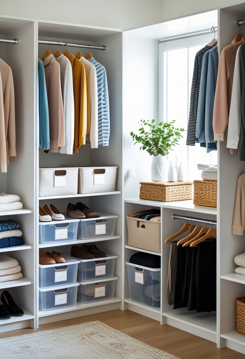 An open wardrobe with neatly arranged clothes and storage bins, showing an organized and clutter-free space.