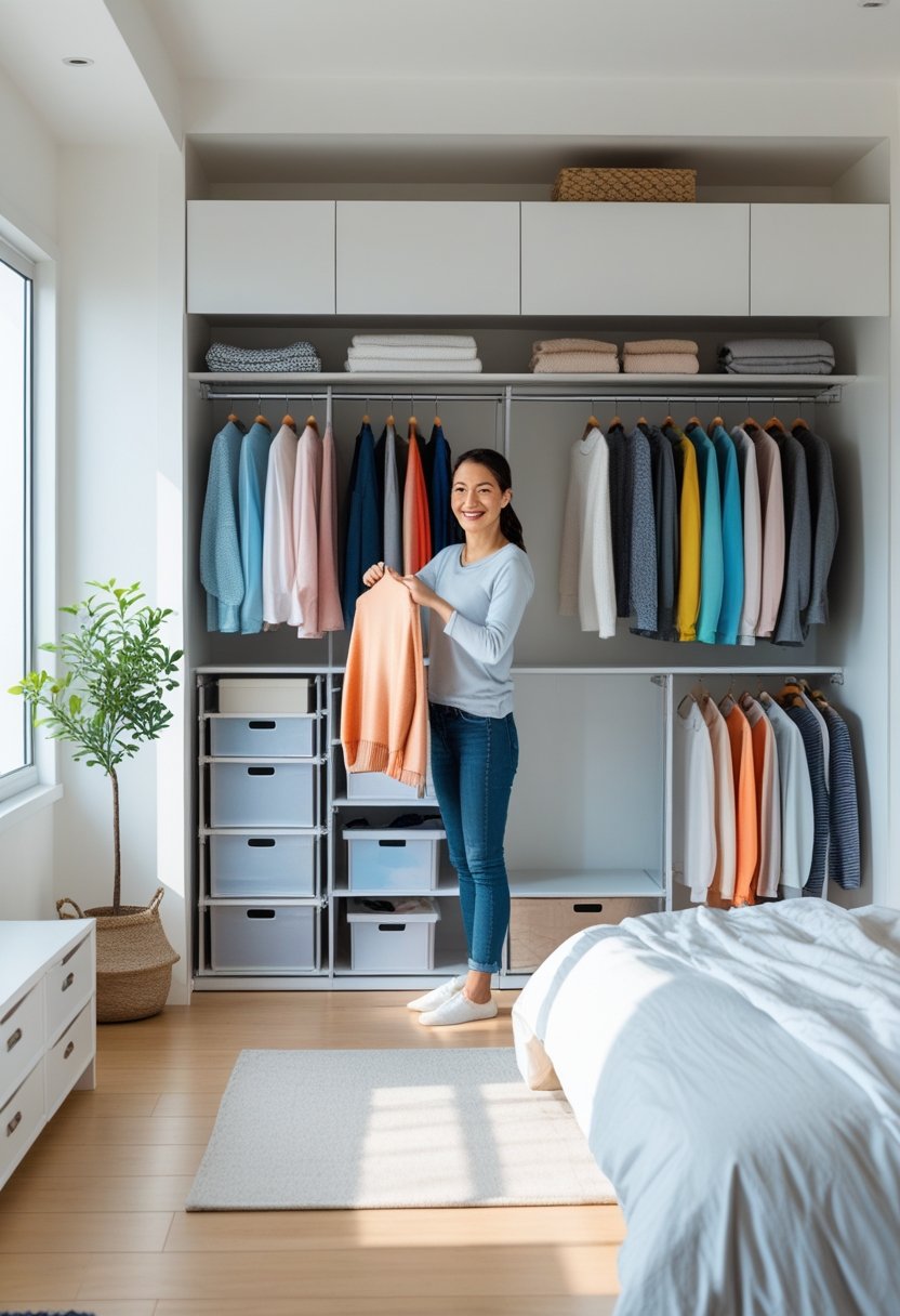 Person organizing a neatly arranged wardrobe in a bright, tidy bedroom.