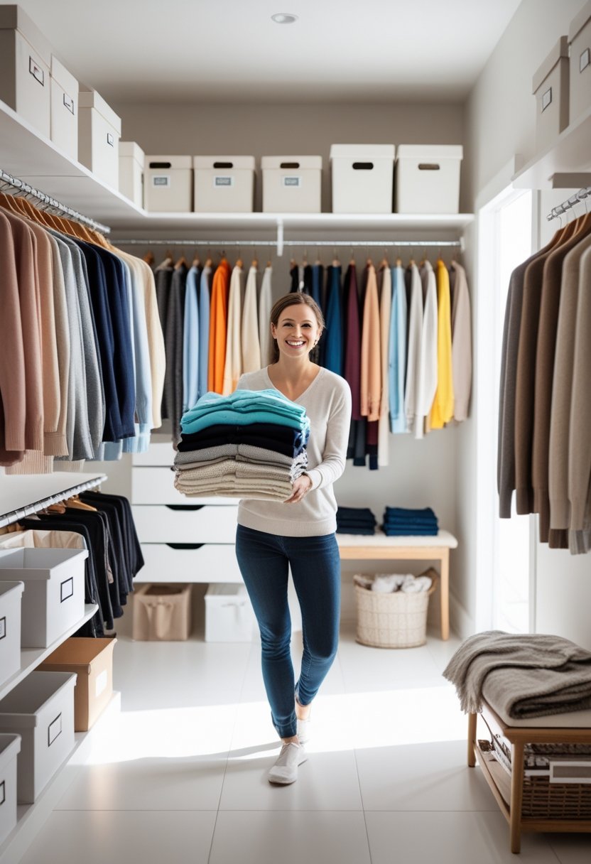 A person organizing a bright walk-in closet with neatly hung clothes and folded items on shelves.