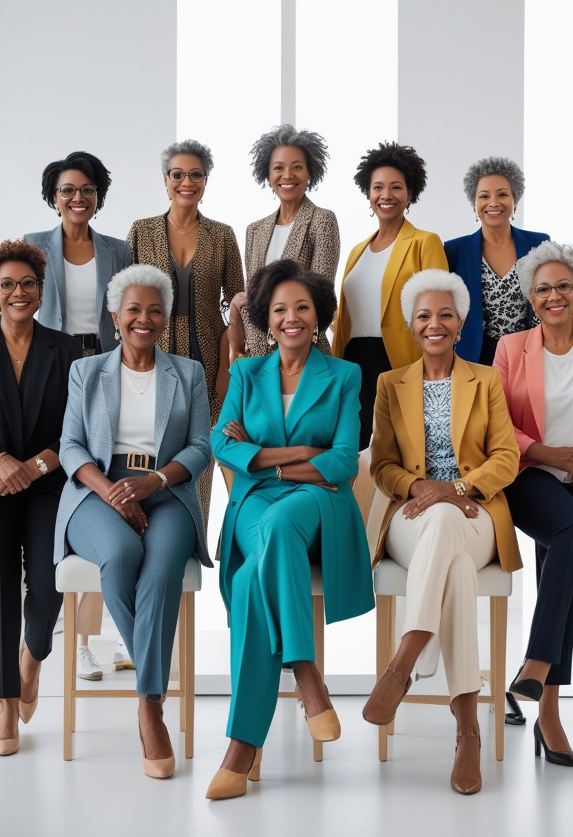 A group of women over 60 posing together in various fashionable outfits in a bright studio.