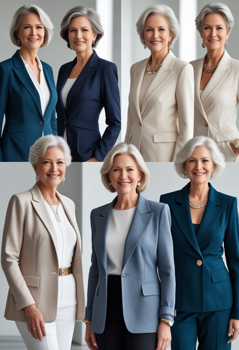A group of mature women wearing tailored blazers posing together in a bright studio.