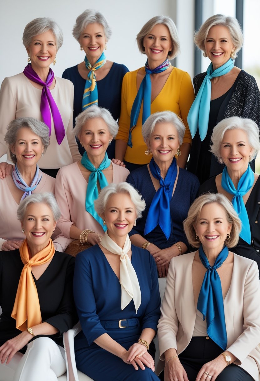 A group of women over 60 wearing silk scarves tied around their necks or handbags, posing together in a bright, modern setting.