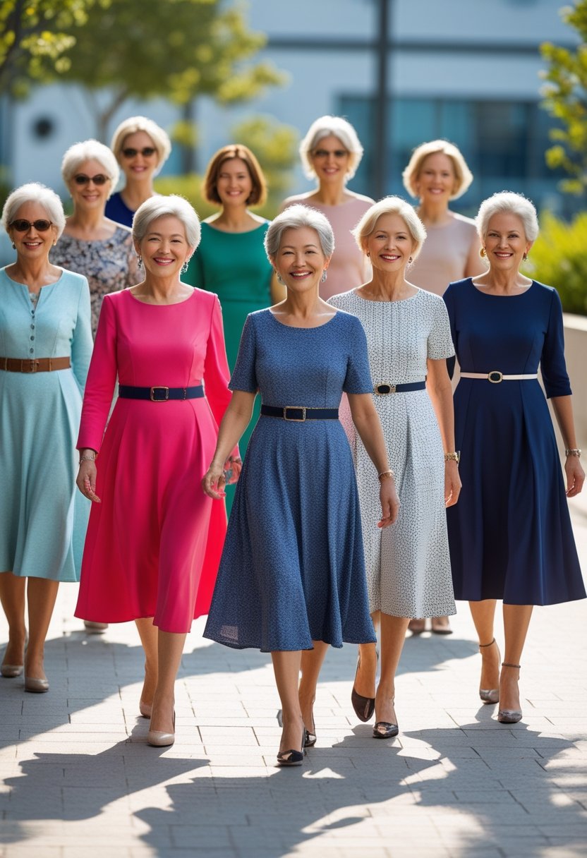 A group of smiling older women wearing midi-length dresses outdoors in a sunny setting.