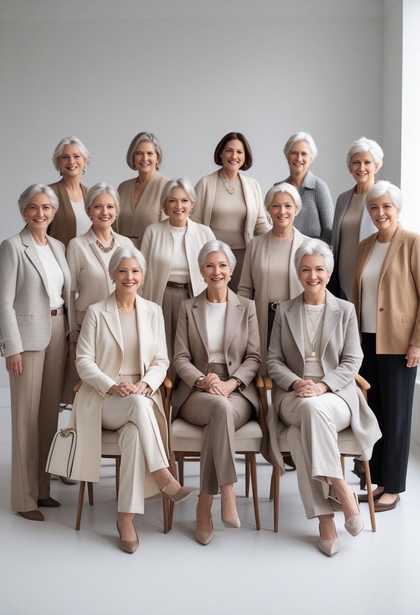 A group of mature women standing together wearing different neutral-toned outfits in a bright studio.