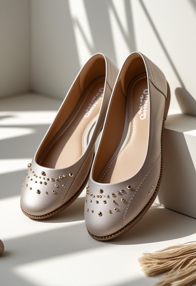A pair of comfortable women's flats with subtle decorative details on a plain background.