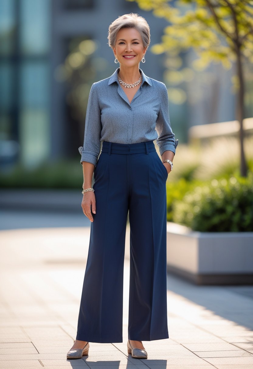 A mature woman standing outdoors wearing high-waisted wide-leg trousers and a blouse, smiling gently in a softly blurred urban setting.