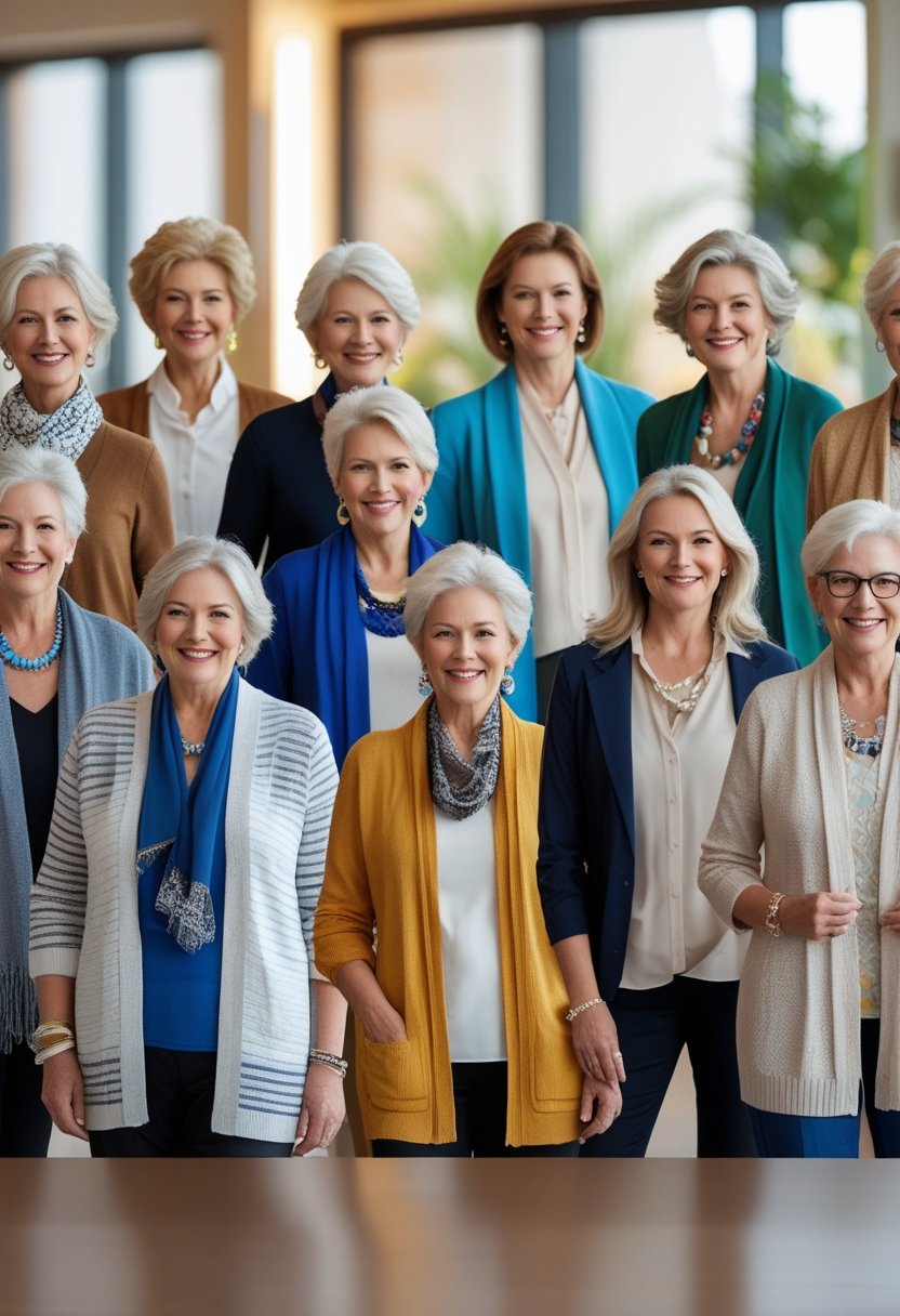 A group of women over 60 wearing layered lightweight cardigans, standing and smiling indoors.