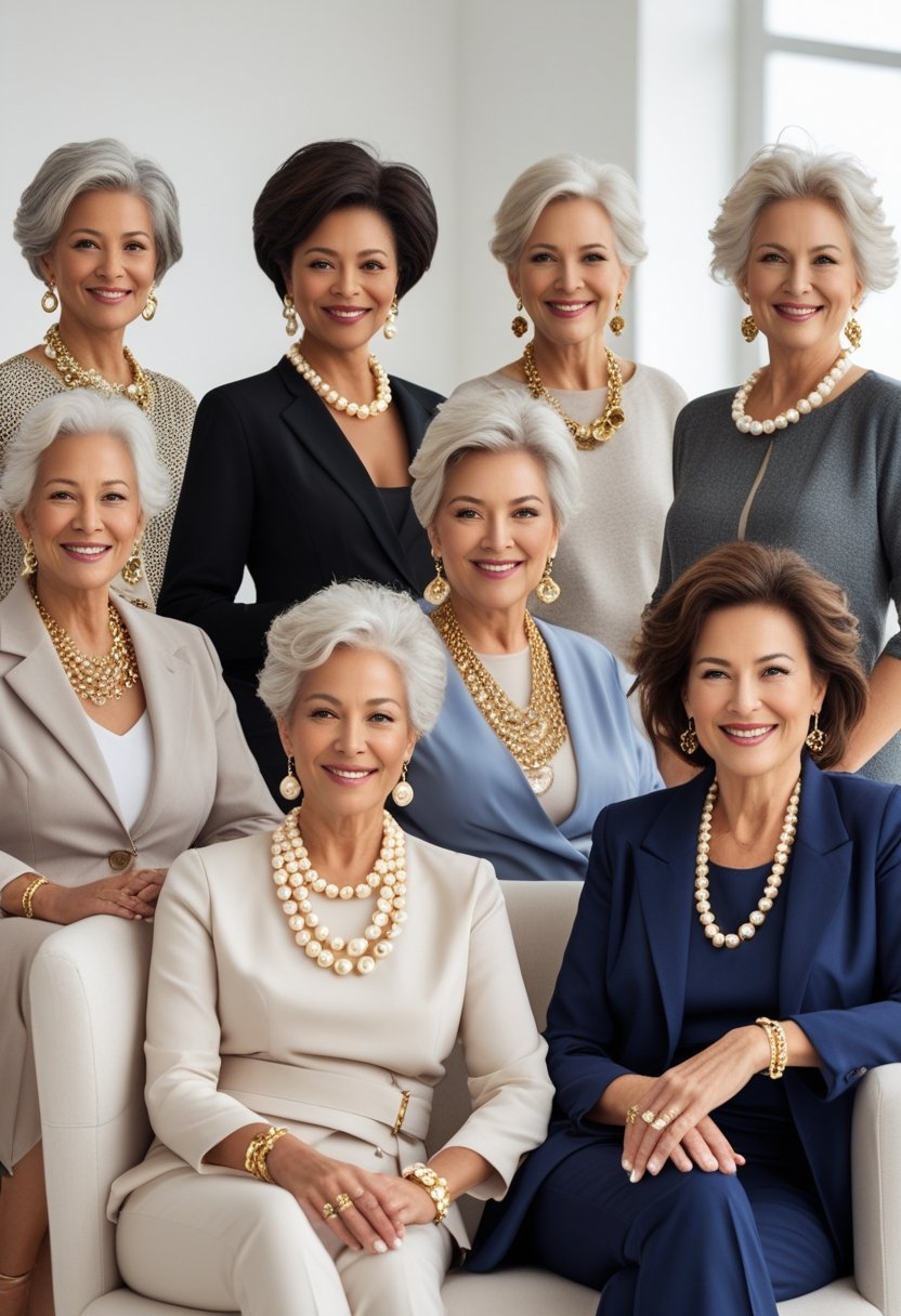 A group of mature women wearing elegant outfits and pearl or gold jewelry, posing together in a bright studio.