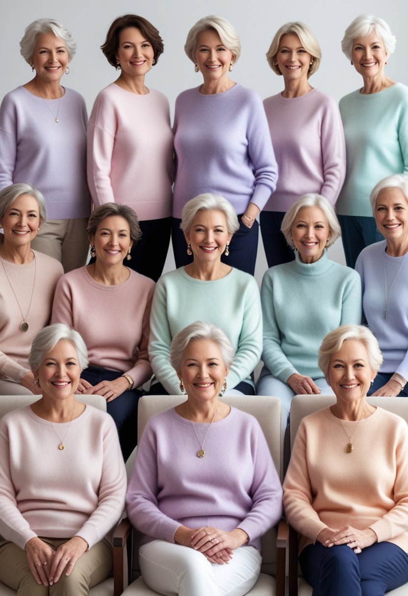 A group of mature women wearing pastel-colored sweaters, smiling and posing together in a bright studio.