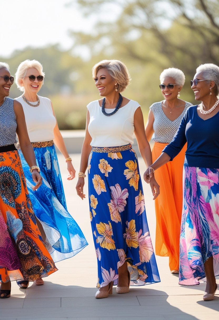 A group of older women wearing colorful long skirts standing outdoors and smiling.
