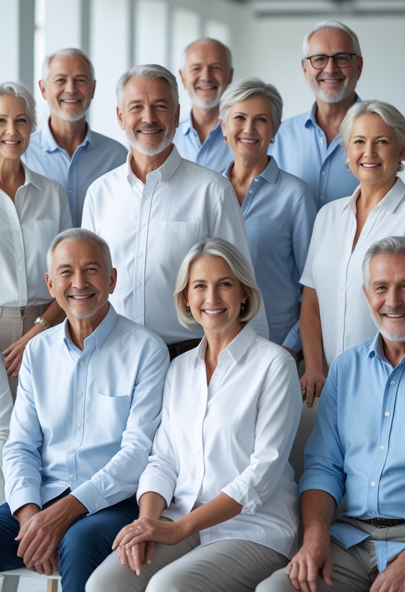 A group of mature adults wearing button-down shirts, smiling and posing together indoors.