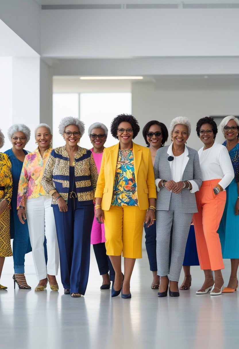 A group of mature women confidently posing together in a bright indoor space, wearing a variety of fashionable outfits.