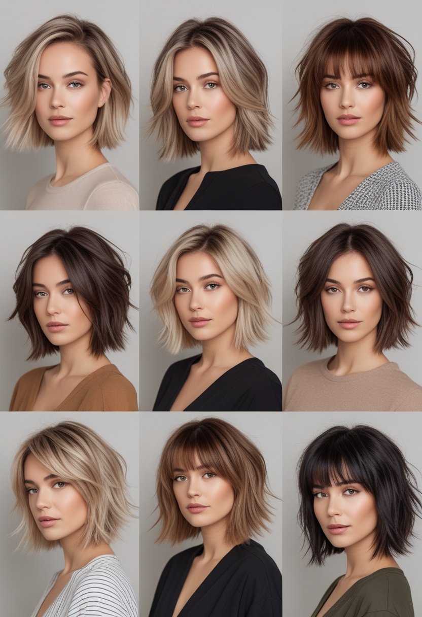 A group of eleven women with medium-length layered haircuts posing in a studio with a neutral background.
