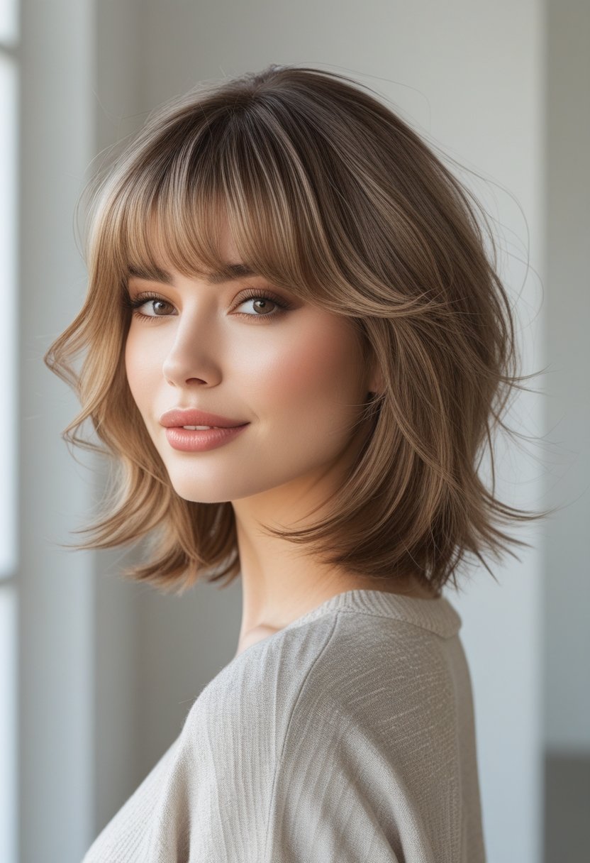A young woman with medium-length layered hair and bangs, smiling in a bright studio setting.