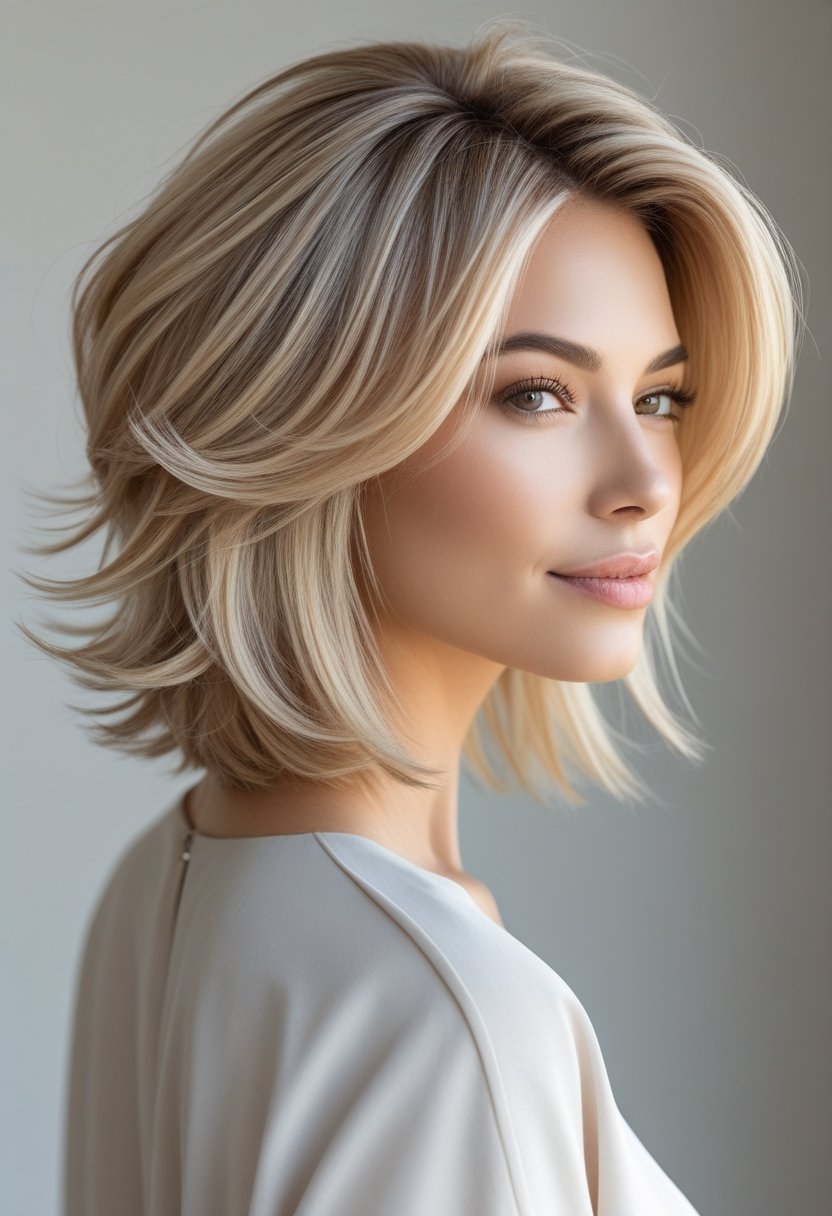 A woman with medium-length layered hair styled in a butterfly haircut with blonde balayage, smiling against a plain background.
