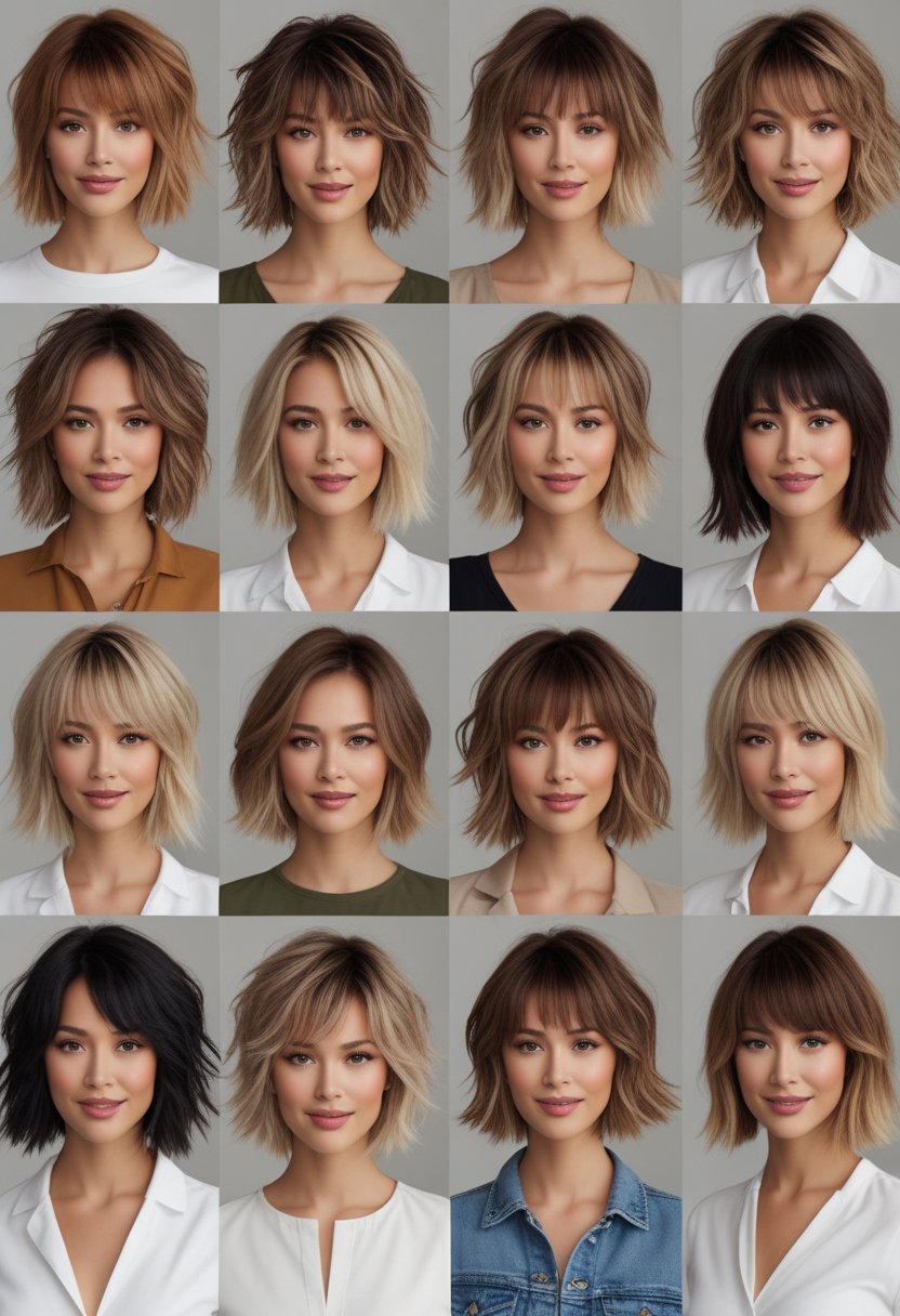 Eleven women with medium-length layered haircuts posing in a studio with neutral background.