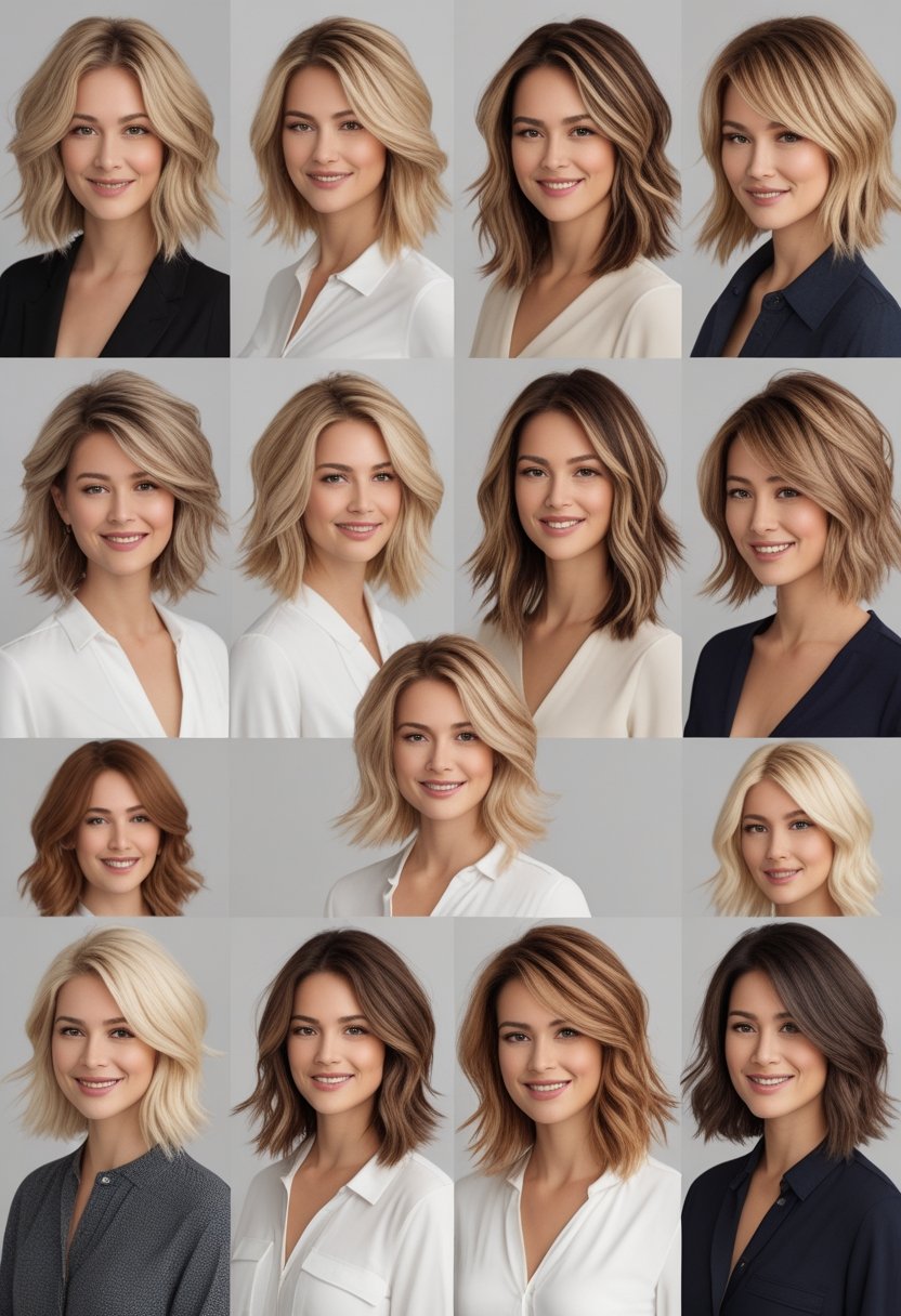 Eleven women with medium-length layered wavy hair and highlights posing together against a neutral background.
