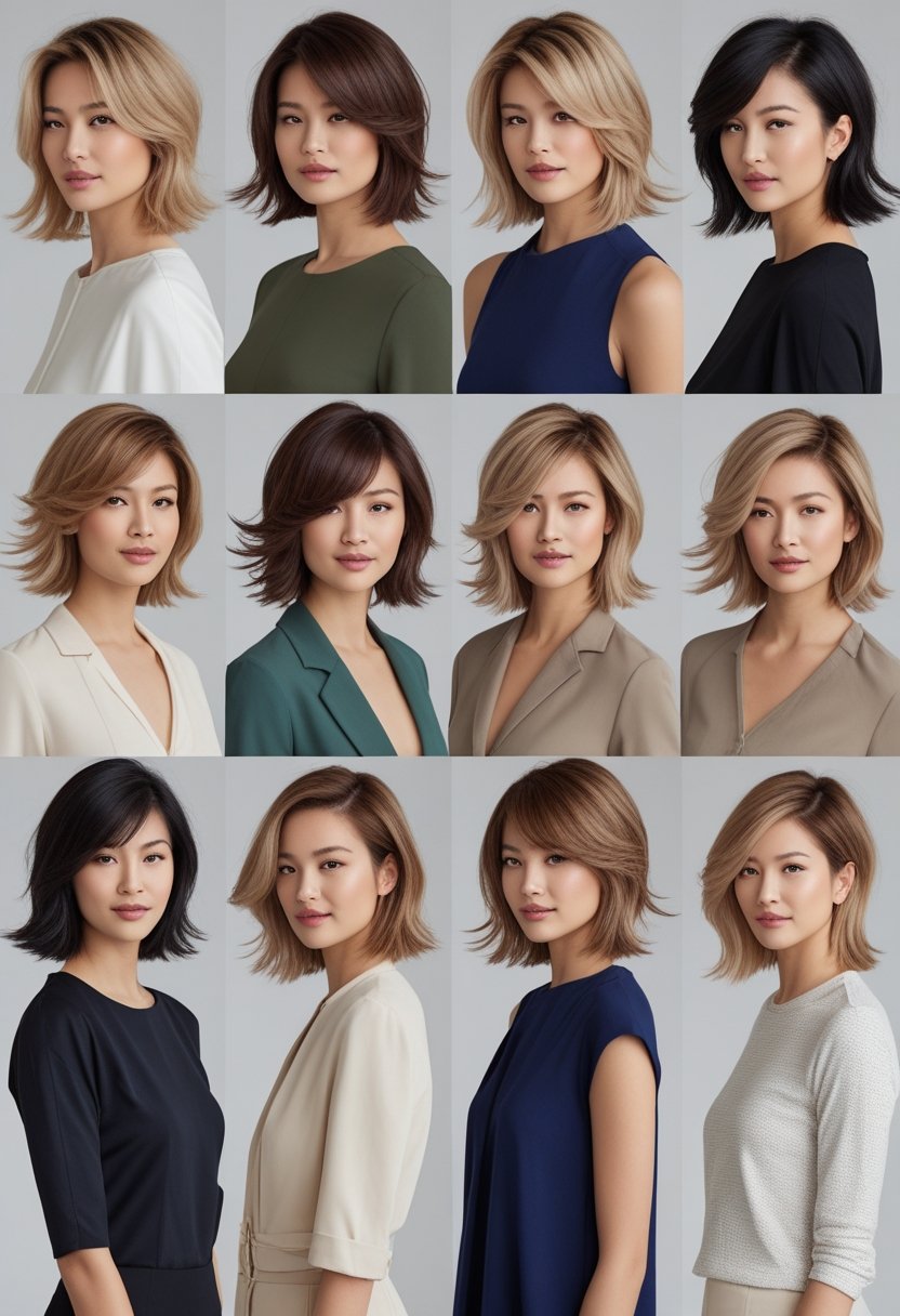 Eleven women with medium-length layered hair posing in a bright studio setting.