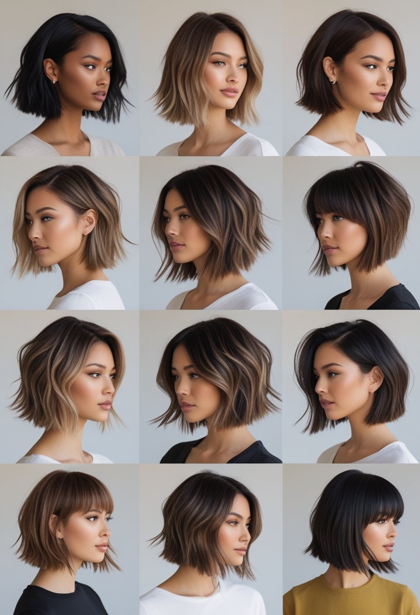 Eleven women with medium-length layered bob haircuts posing in a bright studio, showing different variations of the hairstyle.