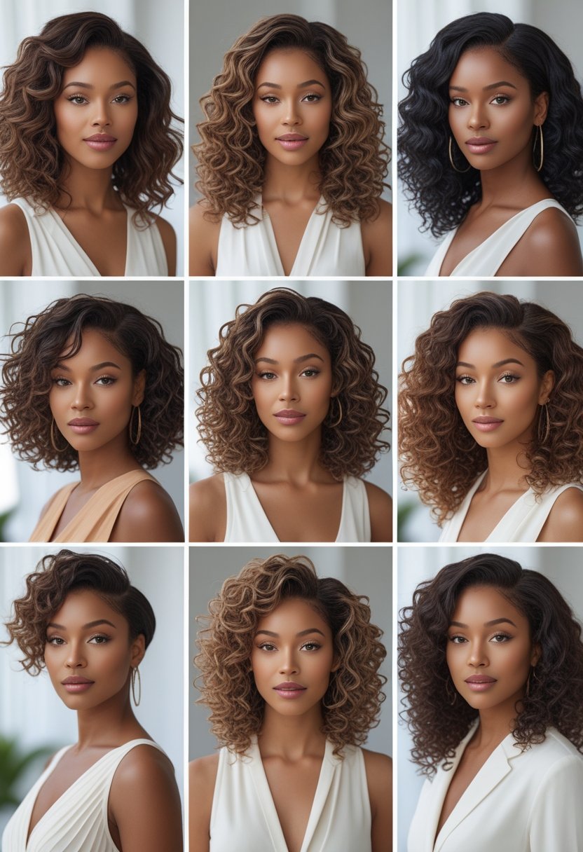 A group of women with medium-length layered curly hair posing in a bright studio setting.