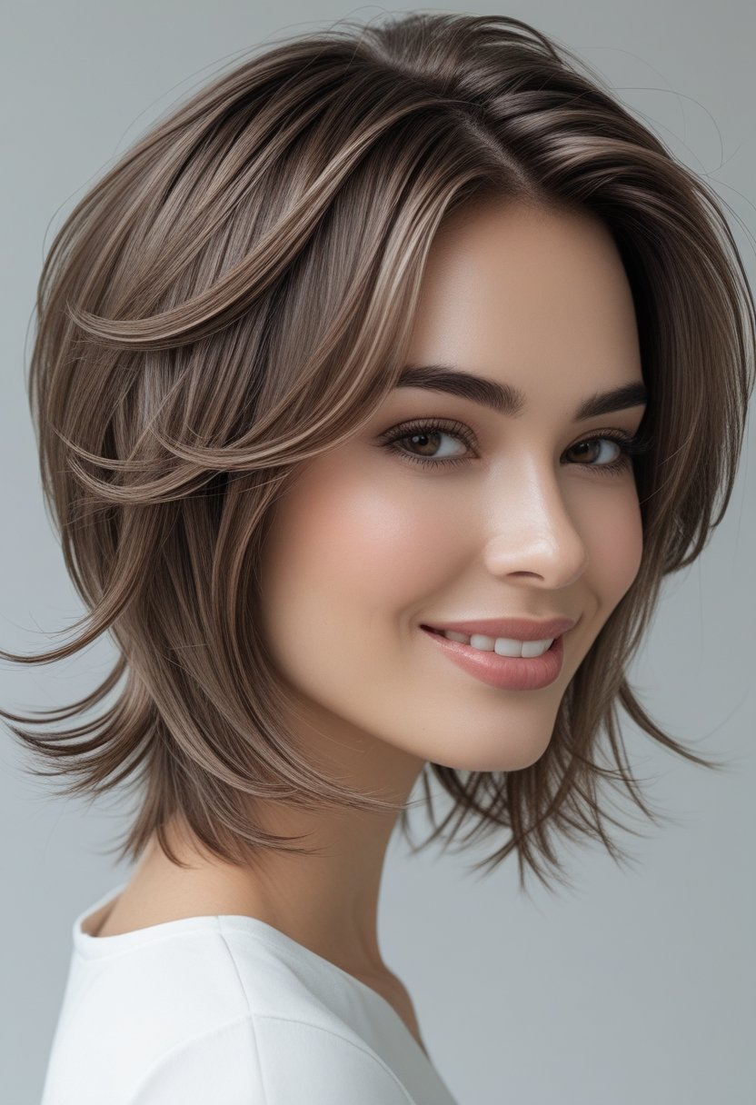 A young woman with medium-length layered hair smiling against a neutral background.