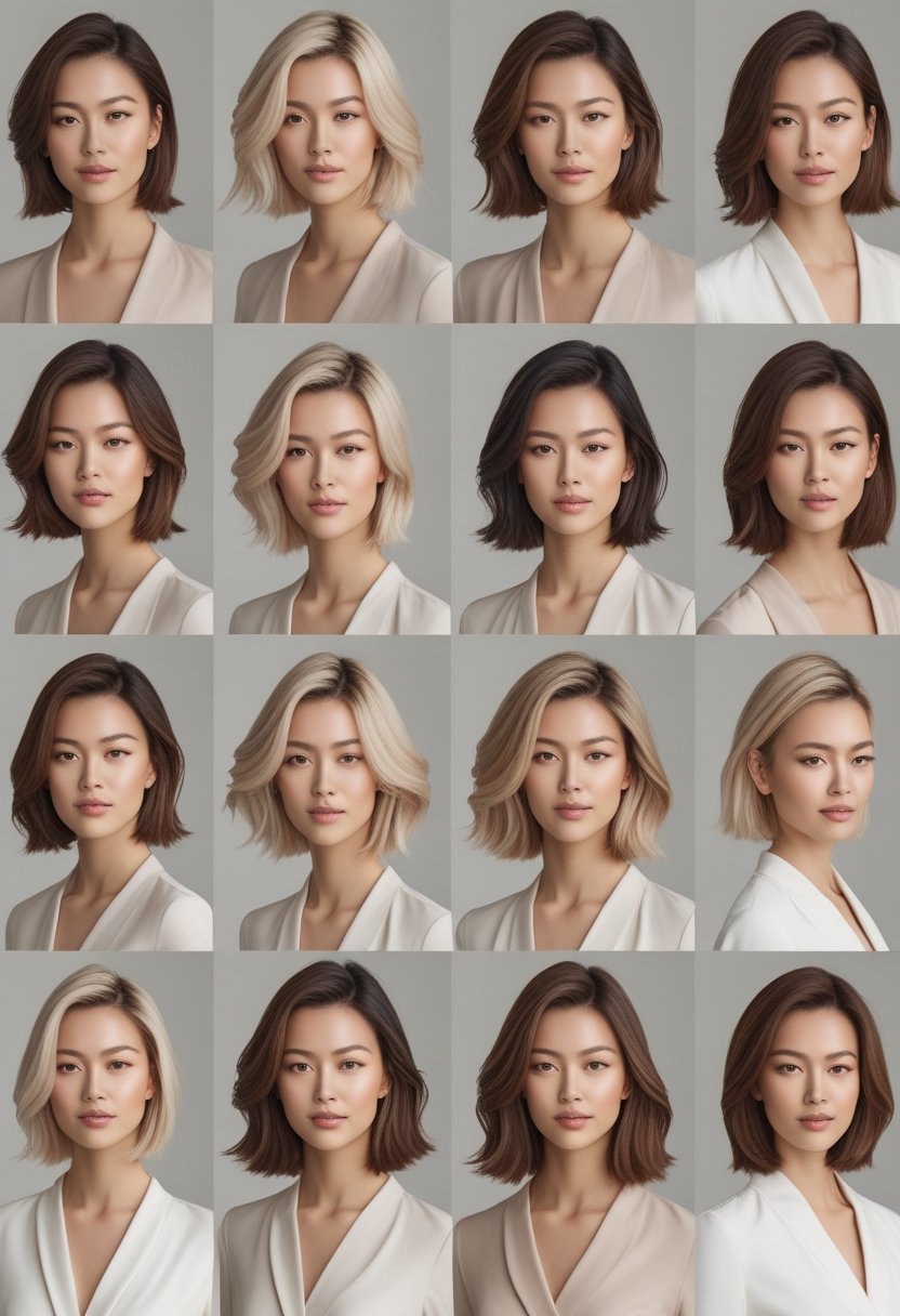 Eleven women with medium-length layered haircuts posing together in a studio with neutral background.