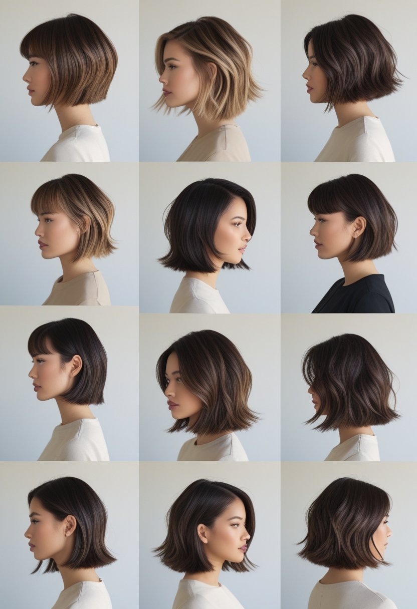 Eleven women with medium-length layered haircuts posing in a bright studio with natural lighting.