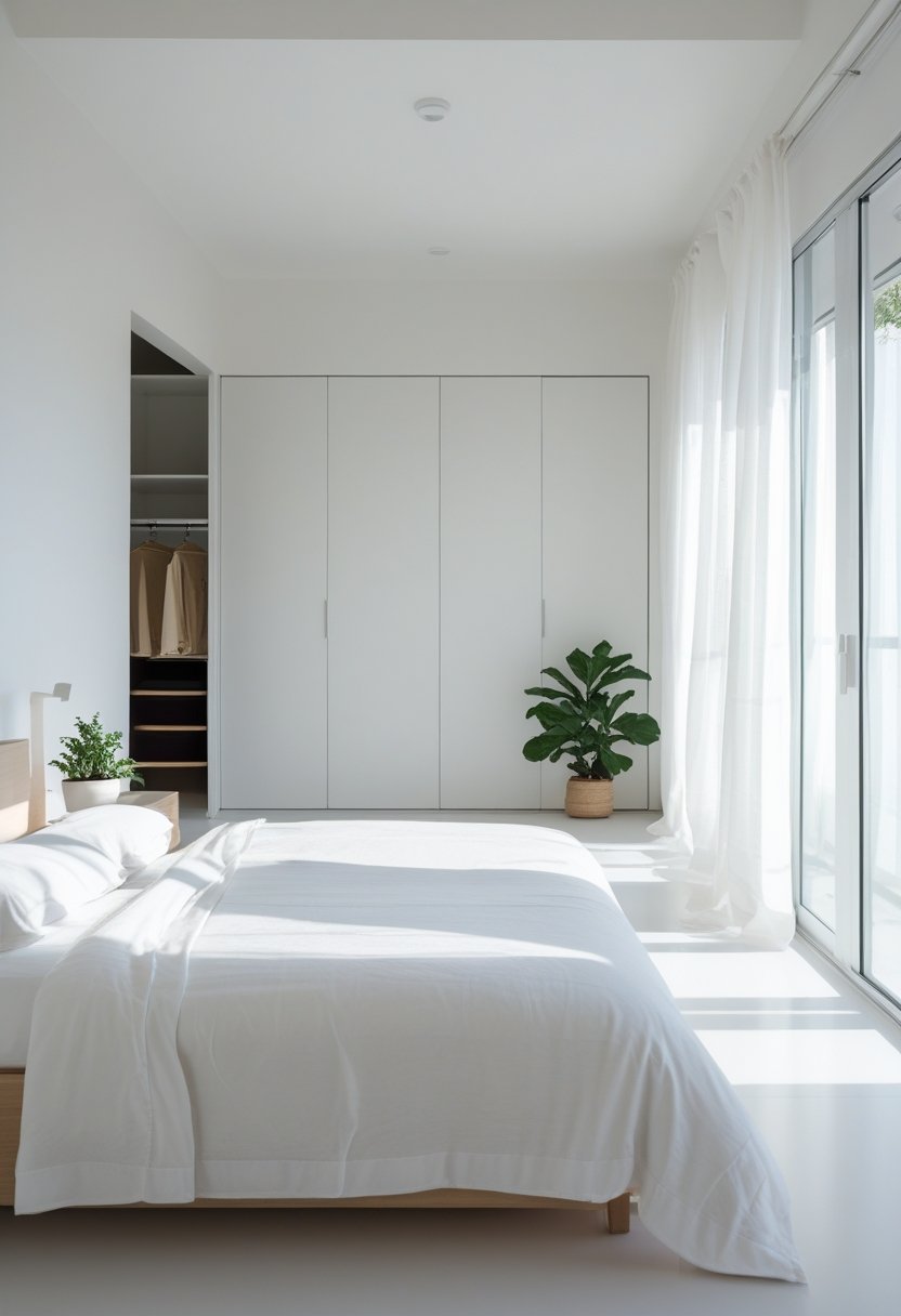 A tidy bedroom with a made bed, clear floor, simple furniture, and natural light coming through large windows.