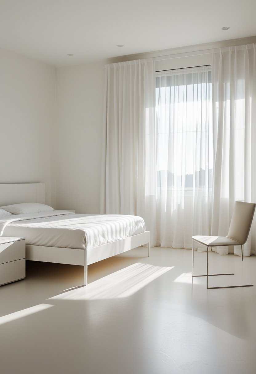 A minimalist bedroom with a simple bed, a small nightstand, and a chair, all without storage, in a clean and uncluttered space with natural light.