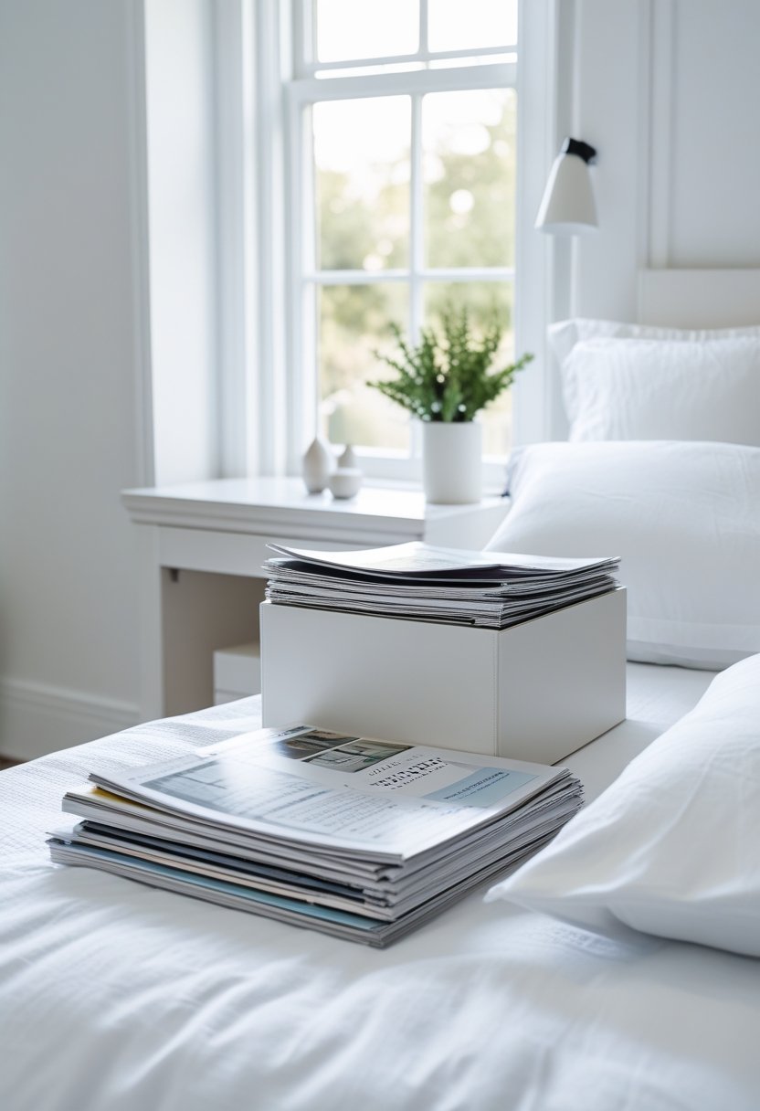 A tidy bedroom with a made bed and a bedside table where magazines and papers are being organized into a storage box.