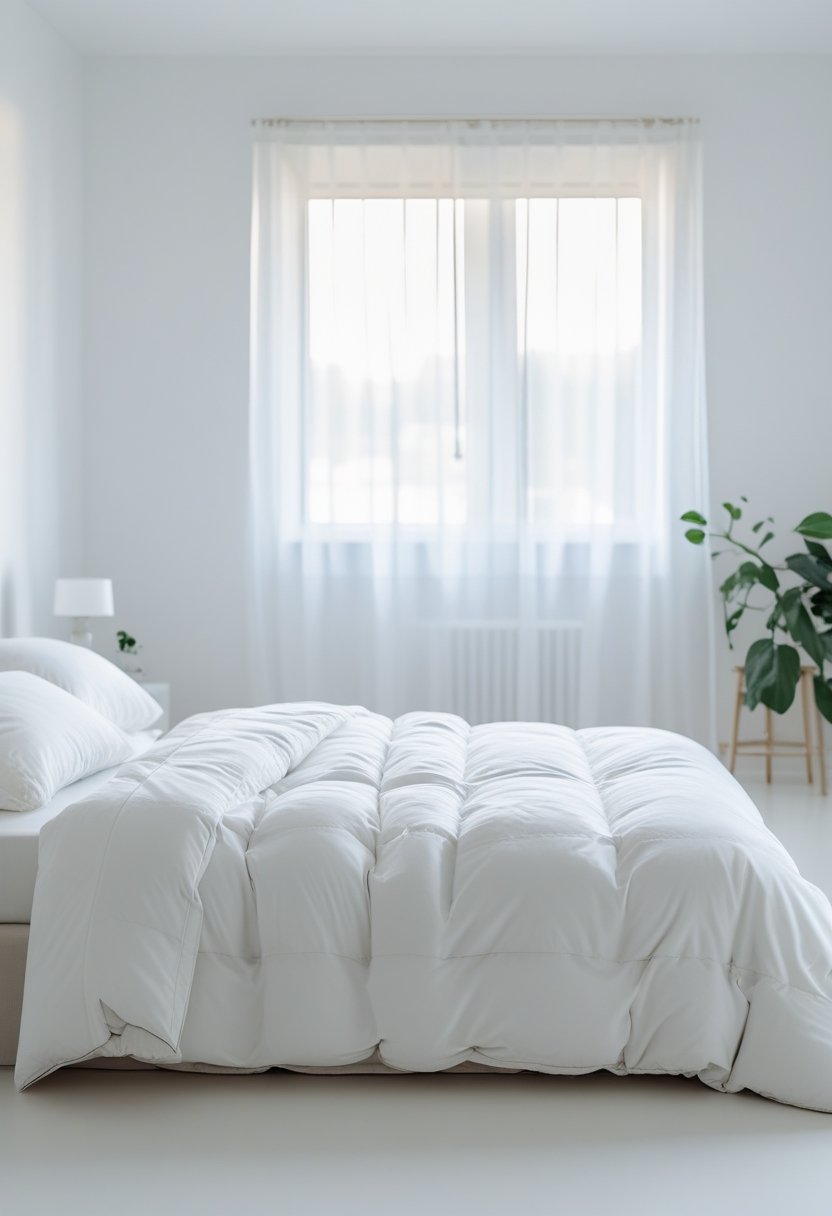 A tidy bedroom with a neatly made bed, minimal bedding, and a clean, uncluttered space with natural light.