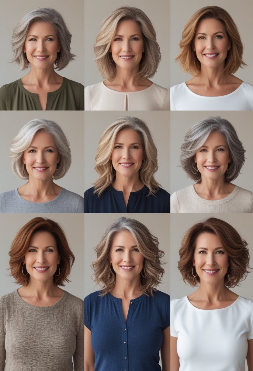 Seven women over 40 with different shoulder-length hairstyles posing together in a studio.