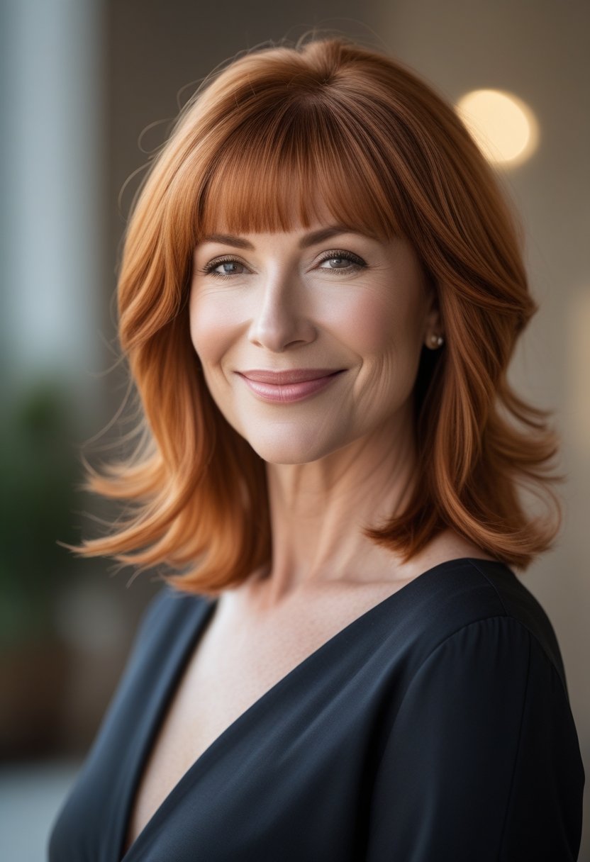 A smiling woman with shoulder-length ginger hair and wispy bangs looking slightly to the side.