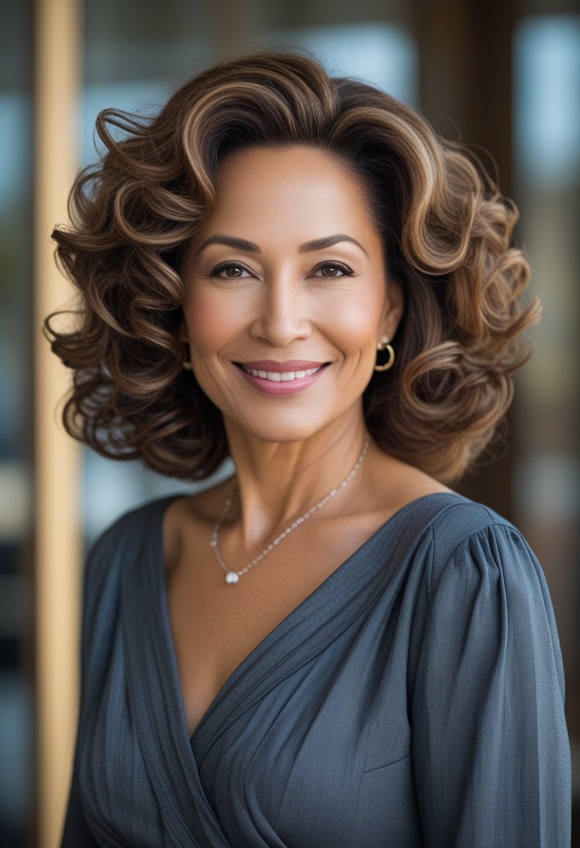 A woman over 40 with shoulder-length curly hair smiling gently against a softly blurred background.
