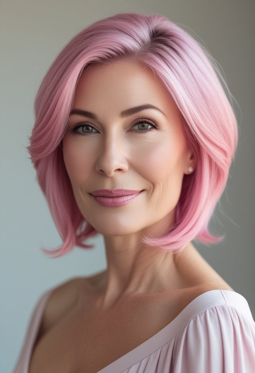 A woman over 40 with shoulder-length pink hair styled in subtle layers, smiling against a plain background.