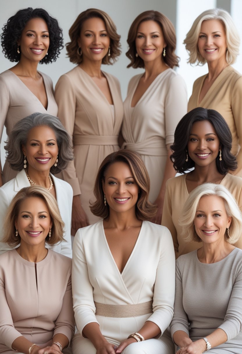 Seven women with shoulder-length hair posing together in a bright studio, smiling and looking confident.