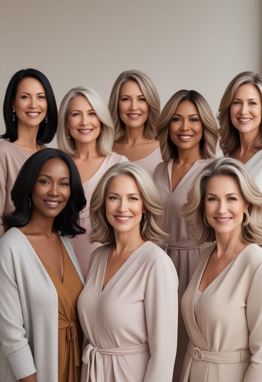 Seven women standing together, smiling in a studio setting.