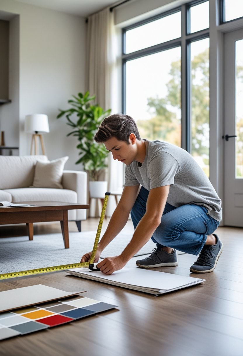 Person kneeling on the floor measuring and planning in a bright living room with decorating samples on a table nearby.