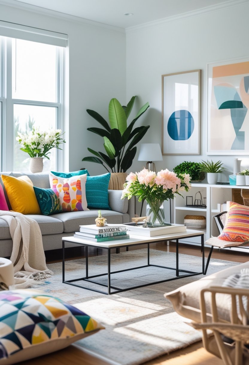 A bright living room with a sofa, coffee table, plants, and artwork illuminated by natural light.